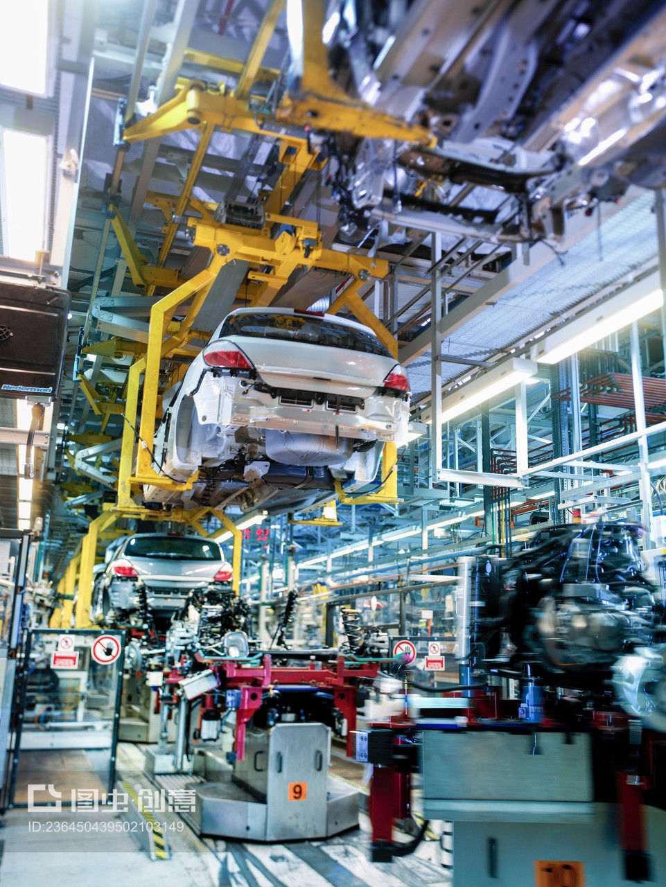 Car production line in car factory, low angle view